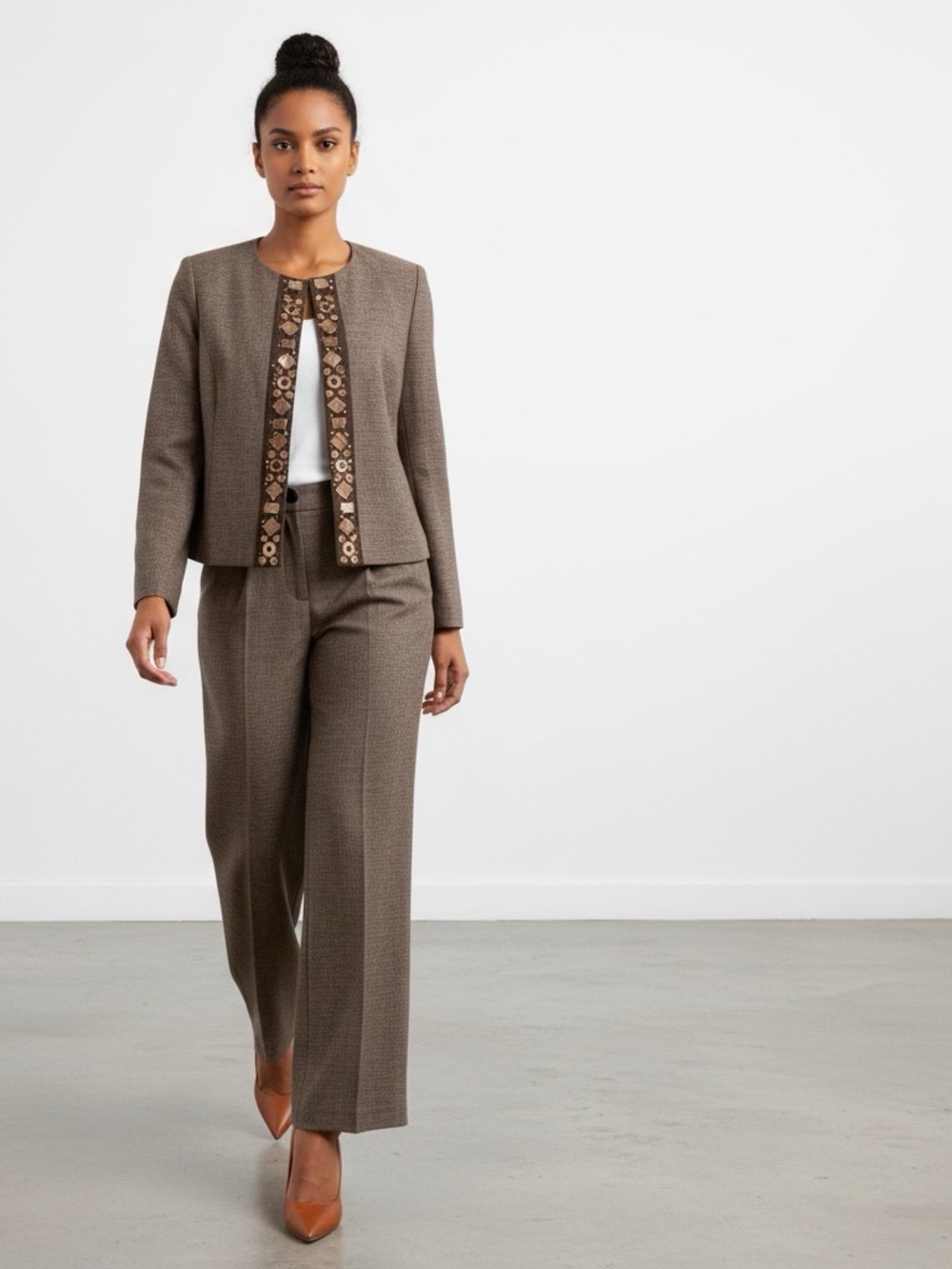 Ellen Tracy 3 Piece Brown Embellished Beaded Pant Skirt Set 6